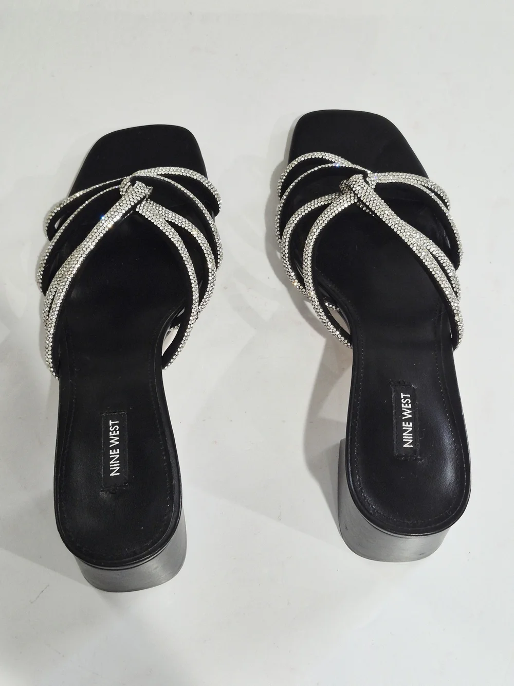 Nine West Black Heeled Slide Sandals with Silver Crystal Straps Size 12